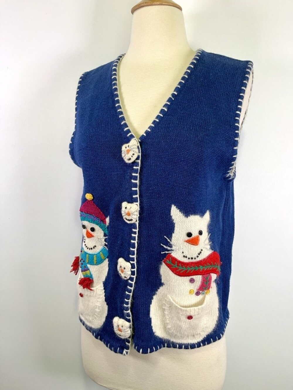 VTG 90s BellePointe Snow Cat Christmas Sweater Vest Medium Festive Granny